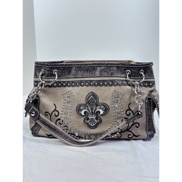 Handbags - Fleur De Lis Rhinestone Leather Purse Embossed Tan Brown Shoulder Bag Western